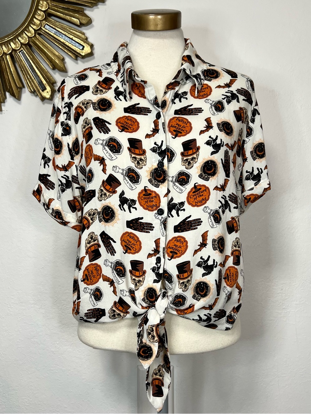Spirit Halloween Vintage Halloween Icon Print Tie Front Button Down Shirt